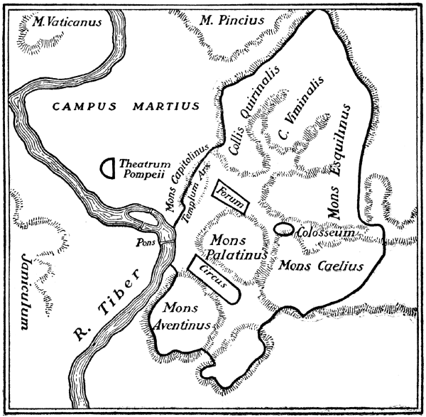 A PLAN OF ROME IN CLASSICAL TIMES, SHOWING THE SEVEN HILLS. Illustration: A plan of Rome in classical times, showing the seven hills