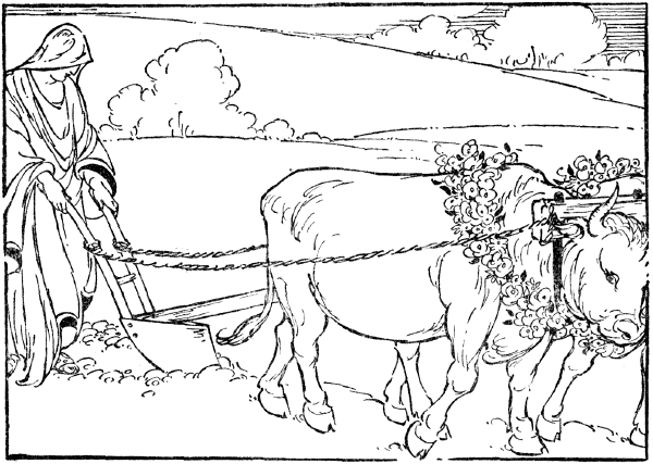 Illustration: The copper plow was drawn by a white bull and a white cow