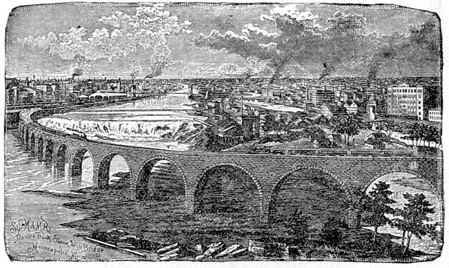ST. ANTHONY FALLS IN 1886.

VIEW OF SUSPENSION BRIDGE ABOVE THE FALLS, AND ST. PAUL, MINNEAPOLIS &
MANITOBA RAILWAY BRIDGE BELOW THE FALLS.
