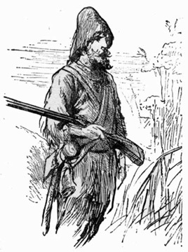A drawing of Robison Crusoe holding a rifle.