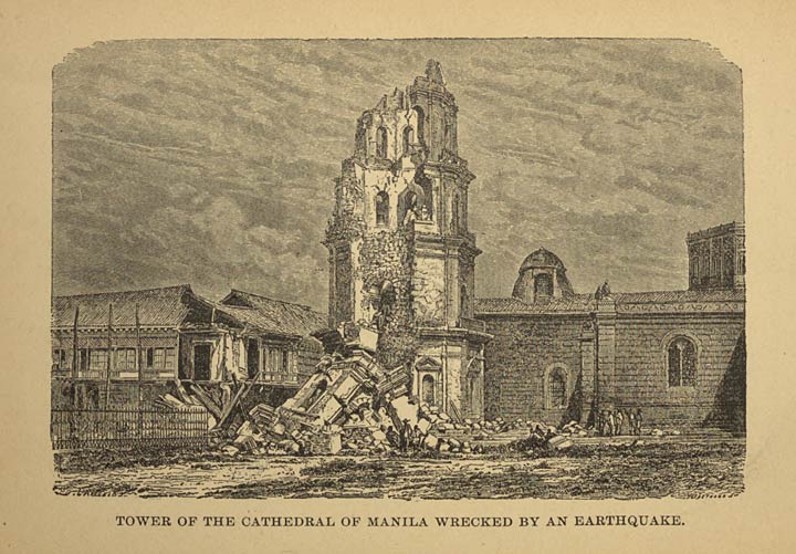 Tower of the cathedral of Manila wrecked by an earthquake.