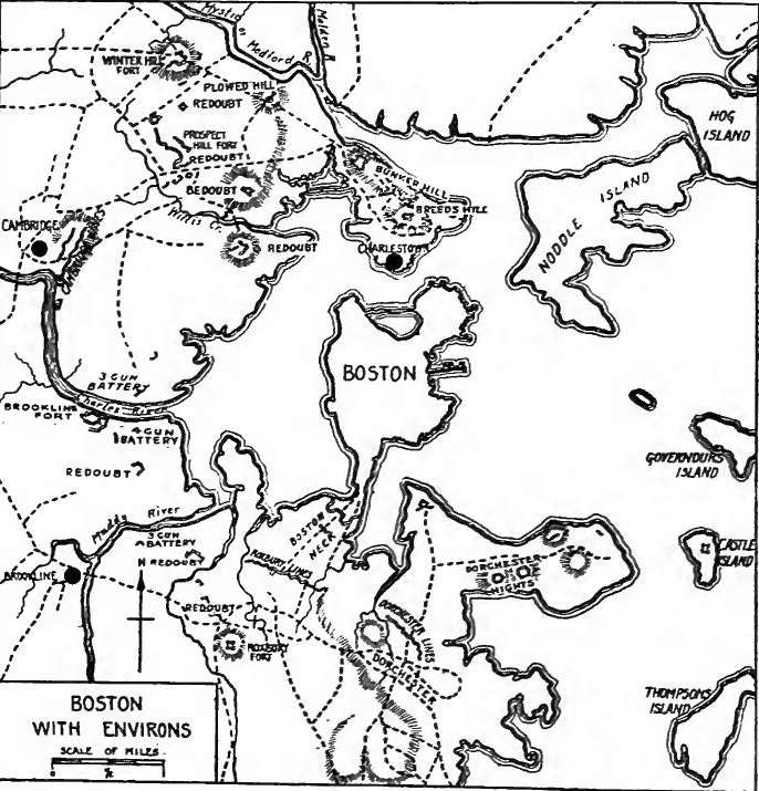 Boston with Environs During the Revolution (Based on map
in G.O. Trevelyan, The American Revolution, Part I, at end).