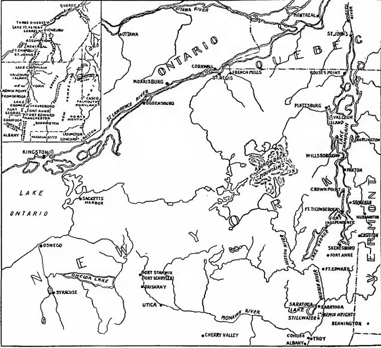 The Region of Burgoyne's Invasion (The large map is based
on E.G. Foster's Historical Chart; the inset is from Trevelyan, The
American Revolution, Part II, Vol. I).