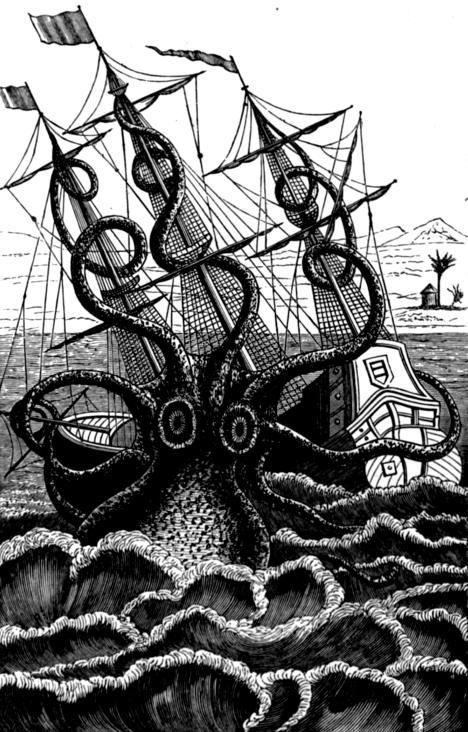 Giant octopus attacking a ship