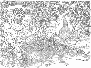 Endpaper linked to a larger version. A picture of a man walking into a wooded glade with one hand brushing away a tree branch and another hand holding a small plant he just uprooted from underfoot. He has a suprised look on his bearded face. To the left of the man and behind him is a lake with three swans, and a castle is visible on the other shore of the lake.
