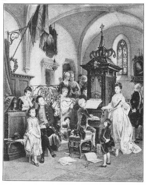 Young Mozart playing the organ and a young lady singing for a small circle of people.