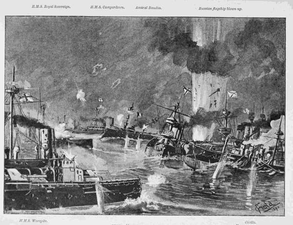H.M.S. Royal Sovereign.      H.M.S. Camperdown.      Amiral Baudin.      Russian flagship blown up.
H.M.S. Warspite.      Ccille.
FINAL BATTLE OFF DUNGENESS: "THE SCENE OF DESTRUCTION WAS APPALLING."