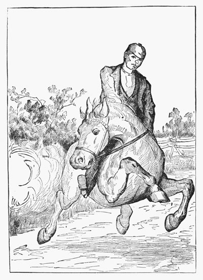"From out the blackness of the hedge came a flash and a
sharp report; my horse bounded under me, my left arm dropped
helpless."—page 23.