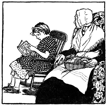 girl reading book in small rocking chair; grandmother in chair nearby