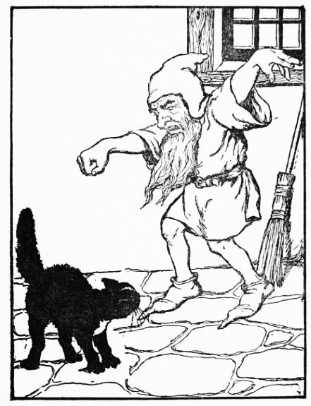 dwarf yelling at cat who has an arched back