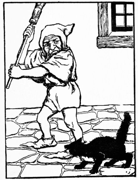 dwarf swinging broom at cat