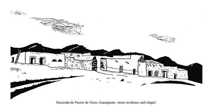 Hacienda de Puerto de Nieto, Guanajuato: stone residence and chapel.