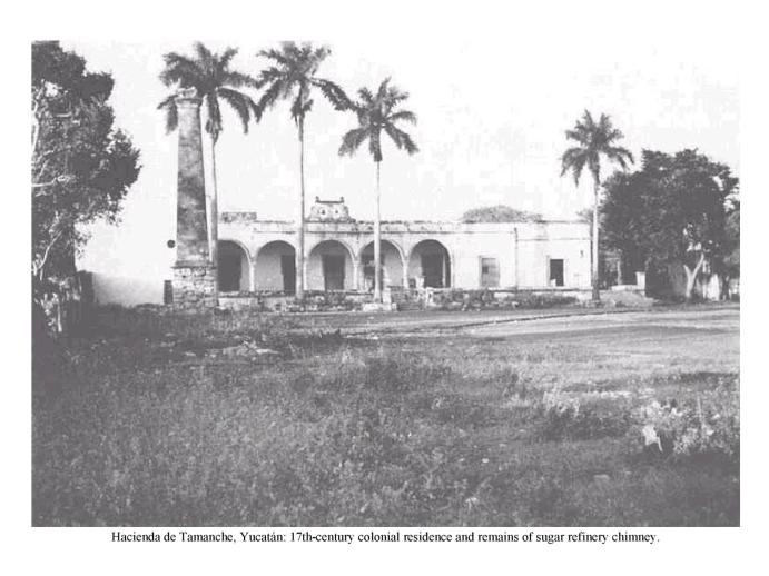Hacienda de Tamanche, Yucatn: 17th-century colonial residence and remains of sugar refinery chimney.