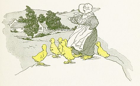 Mother Duck pointing out farmhouse to ducklings