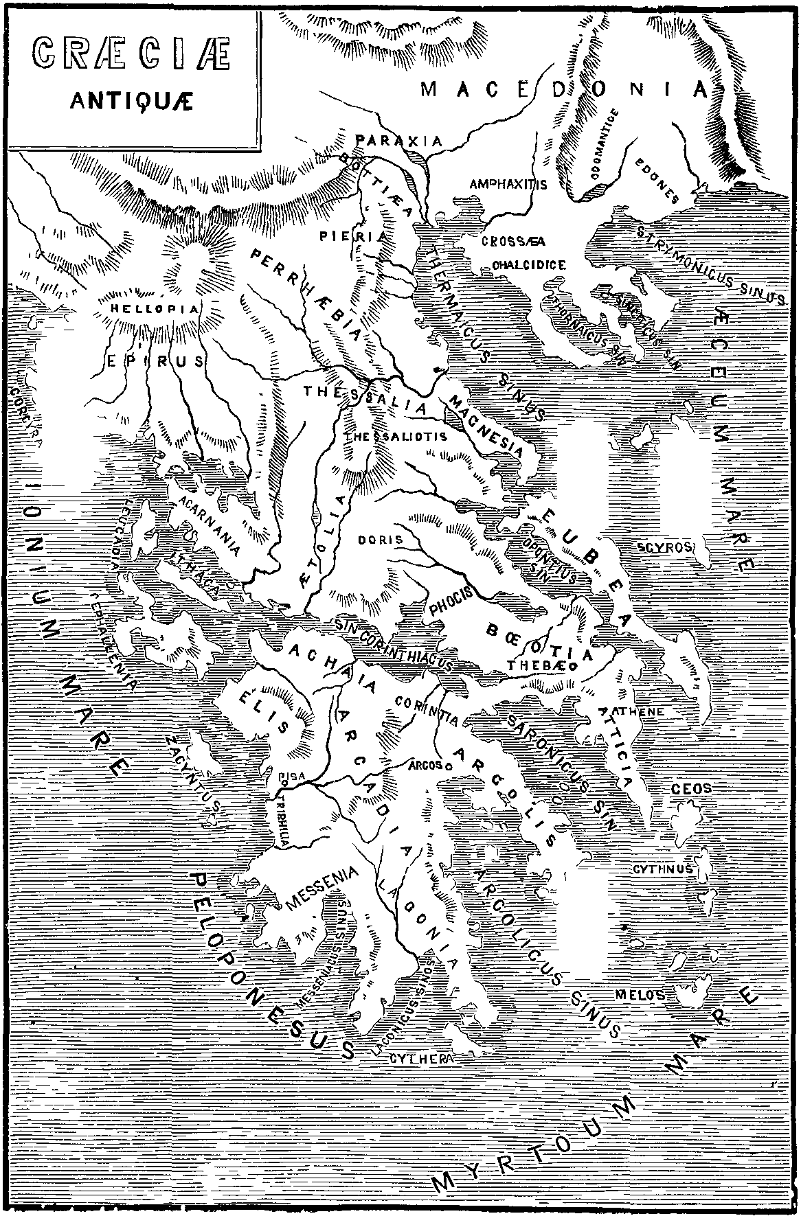 Map, titled "Graeciae Antiquae". Illustration: Map, titled "Graeciae Antiquae".