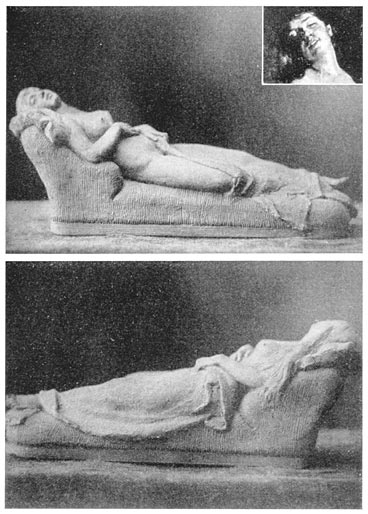 A composite statuette by Rizal: the head from a painting in the Luxembourg (shown in upper right-hand corner), the rest from an engraving.