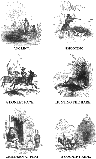 Frontispiece: Angling. Shooting. A Donkey Race. Hunting The Hare. Children at Play. A Country Ride. 
