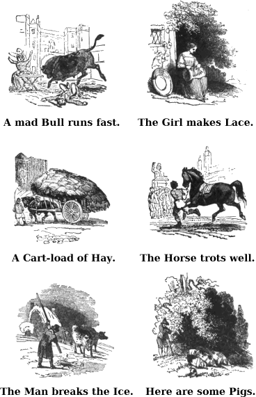 A mad Bull runs fast. The Girl makes Lace. A Cart-load of Hay. The Horse trots well. The Man breaks the Ice. Here are some Pigs.