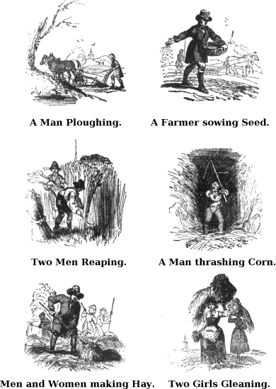  A Man Ploughing. A Farmer Sowing Seed. Two Men Reaping. A Man Thrashing Corn. Men and Women Making Hay. Two Girls Gleaning. 