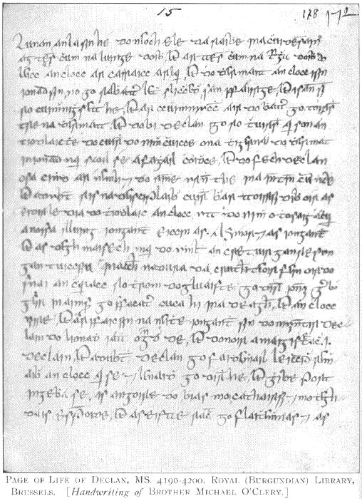 Page of Life of Declan, MS. 4190-4200, Royal (Burgundian) Library, Brussels.
[Handwriting of Brother Michael O'Clery.]