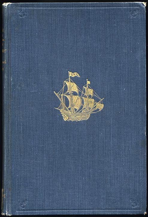 Kaft van het oorspronkelijke boek in blauw linnen met daarop een zeventiende-eeuws zeilschip in goud-opdruk.