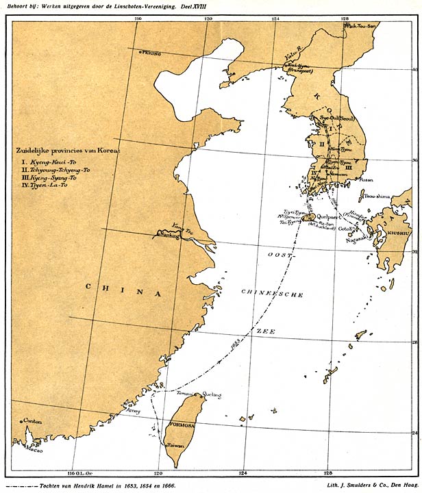 Kaart van China, Formosa, Korea en Japan, met daarop weergegeven de tochten van Hendrik Hamel in 1653, 1654 en 1666.