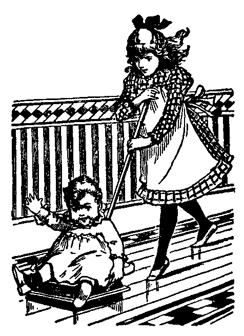 Young Girl Pushing a Toddler in a Wagon