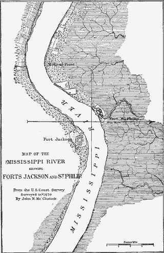 Map of the Mississippi River Showing Forts Jackson and St. Philip.