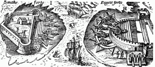 Entrance to St. George Harbor, between Smith's and Paget's Islands. (Fac-simile re-production of Smith's engraving. 1614.)