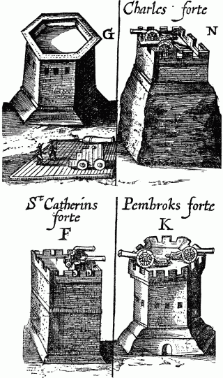 View of ancient forts. (Re-produced from Smith's engraving, 1614)