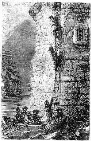 Men escaping down a rope ladder into a small boat