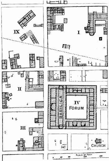 FIG. 32. DETAILS OF FOUR INSULAE, THE FORUM AND THE CHURCH AT SILCHESTER