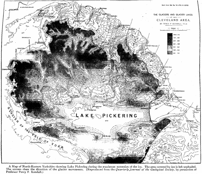 A Map of North-Eastern Yorkshire showing Lake Pickering during the maximum extension of the ice. The area covered by ice is left unshaded. The arrows show the direction of the glacier movements. (Reproduced from the _Quarterly Journal of the Geological Society_, by permission of Professor Percy F. Kendall.)