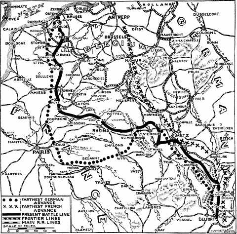 Map showing the swaying battle line from Belfort to the North Sea and the intrenched line on April 15, 1915.
