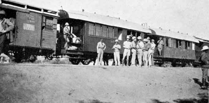 Towards Windhuk. The first train to Windhuk. The South African Engineer Corps Construction Party aboard