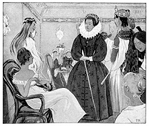 A queenly woman stands among a group of women