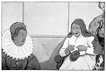 An old woman knits and speaks to the queenly woman