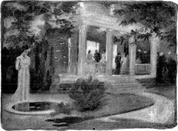 House with people on porch and ghostly woman in yard