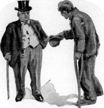 Beggar approaching man in top hat