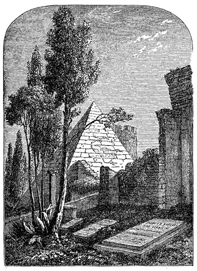 VIEW OF SHELLEY'S TOMB, IN THE PROTESTANT CEMETERY, AT ROME. FROM A SKETCH BY A.J. STRUTT