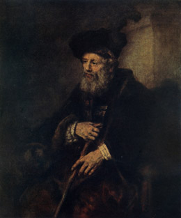 A RABBI SEATED, A STICK IN HIS HANDS AND A HIGH FEATHER IN HIS CAP 1645. The Hermitage, St. Petersburg.