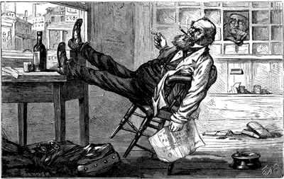 A man leans in a chair in a post office, with a cigar in his mouth, a bottle of whisky on the table, and grocery stores visible out the window.