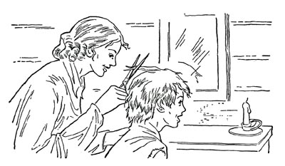 Cutting Abe's hair.