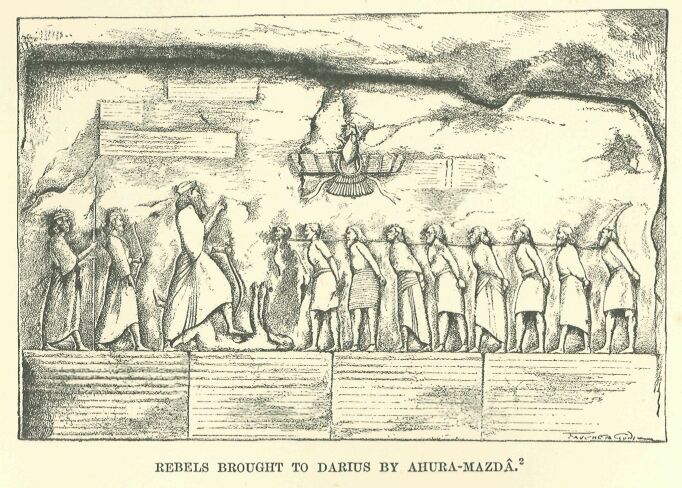 174.jpg Rebels Brought to Darius by Ahura-mazd  This Is The Scene Depicted on the Rock of Behistun. 