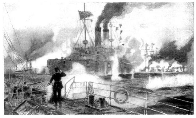 BATTLE OF MANILA FROM THE DECK OF THE PETREL.