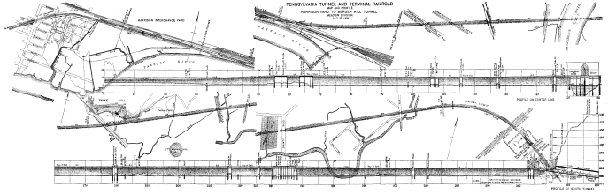 Plate II.—Pennsylvania Tunnel and Terminal Railroad Map and Profile Harrison Yard to Bergen Hill Tunnel Meadow Division July 30 1909
