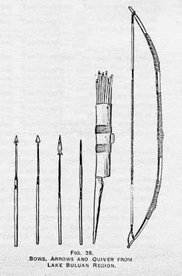 FIG. 38. BOWS, ARROWS AND QUIVER FROM
LAKE BULÚAN REGION.