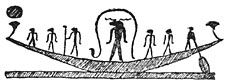 Egyptische Zonneboot, met den god Khnemu en ondergeschikte godheden.