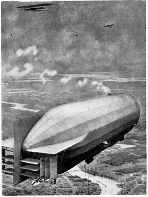 SIMILAR TO THE KAISER'S AERIAL BODYGUARD: A ZEPPELIN WITH A GUN ON TOP FIRING AT HOSTILE AEROPLANES--A GERMAN PICTURE.