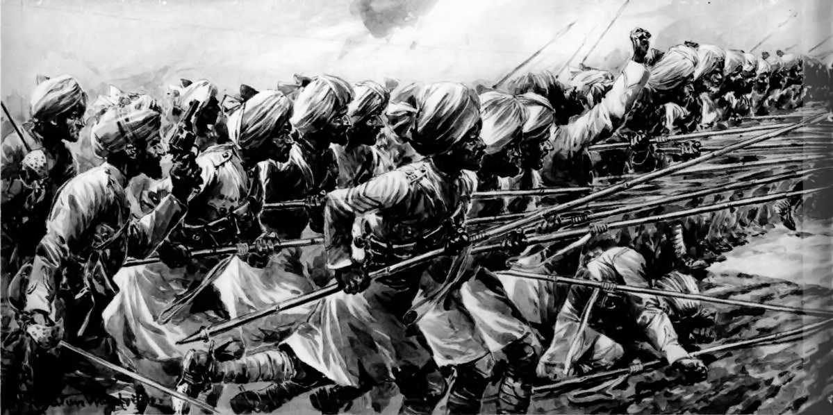 CHARGING ON FOOT WITH THE LANCE: BENGAL LANCERS ATTACK GERMAN TRENCHES.--From the Painting by R. Caton Woodville. (left half)